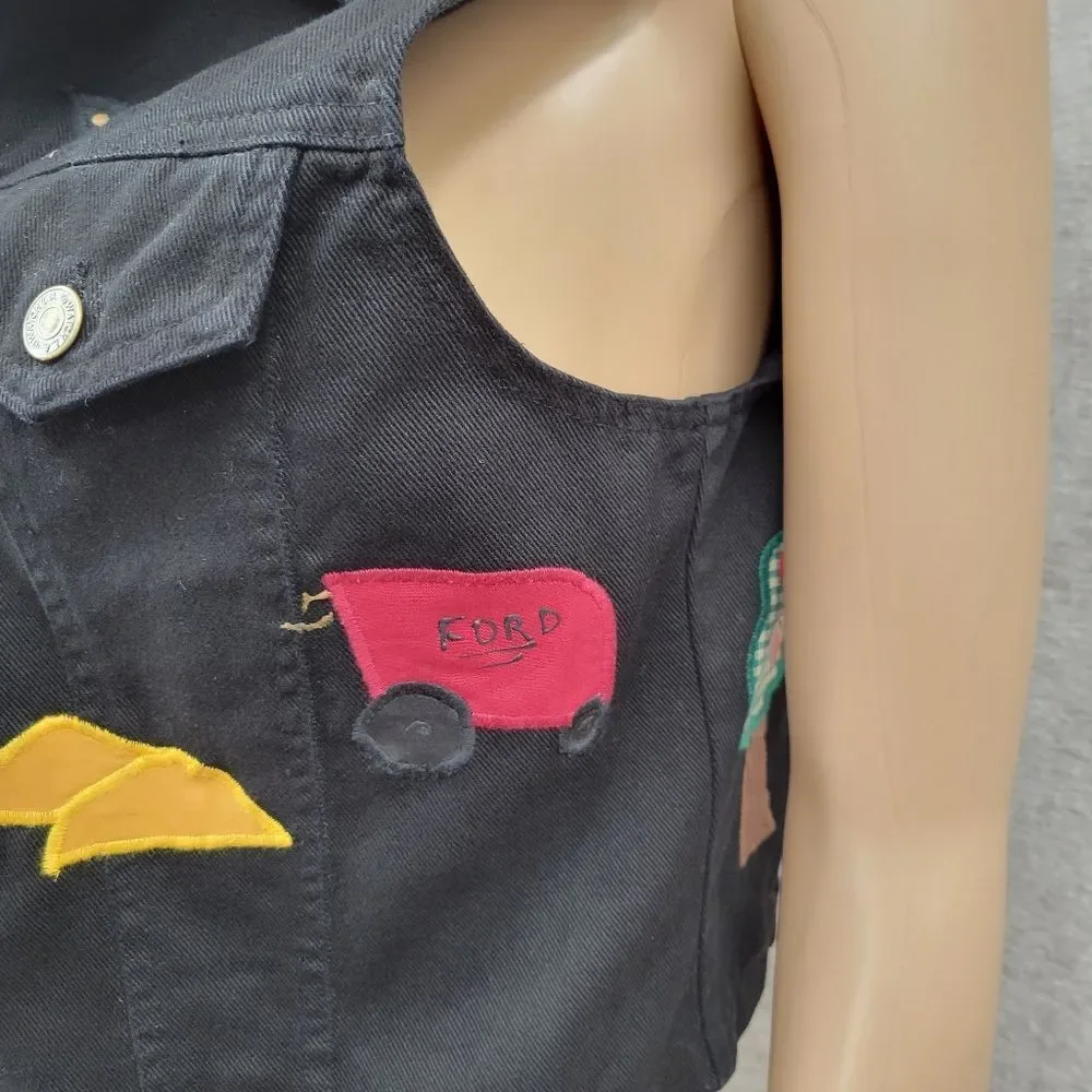 Vintage 80s Black Denim Vest with Embroidered Patches Chickens Farmcore - Picture 7 of 16